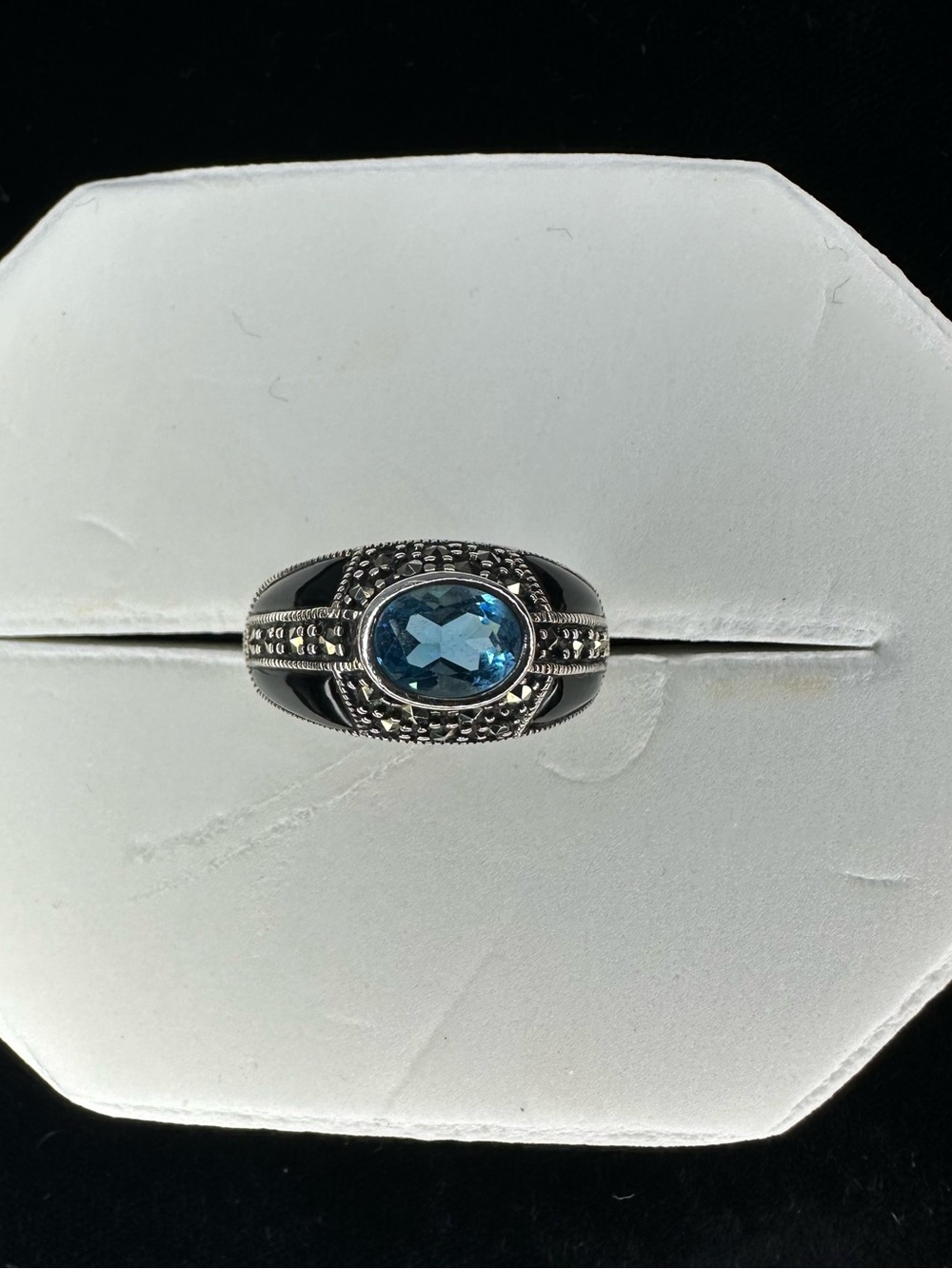 .925 Sterling Silver Blue Topaz and Marcasite Statement Ring Size 10